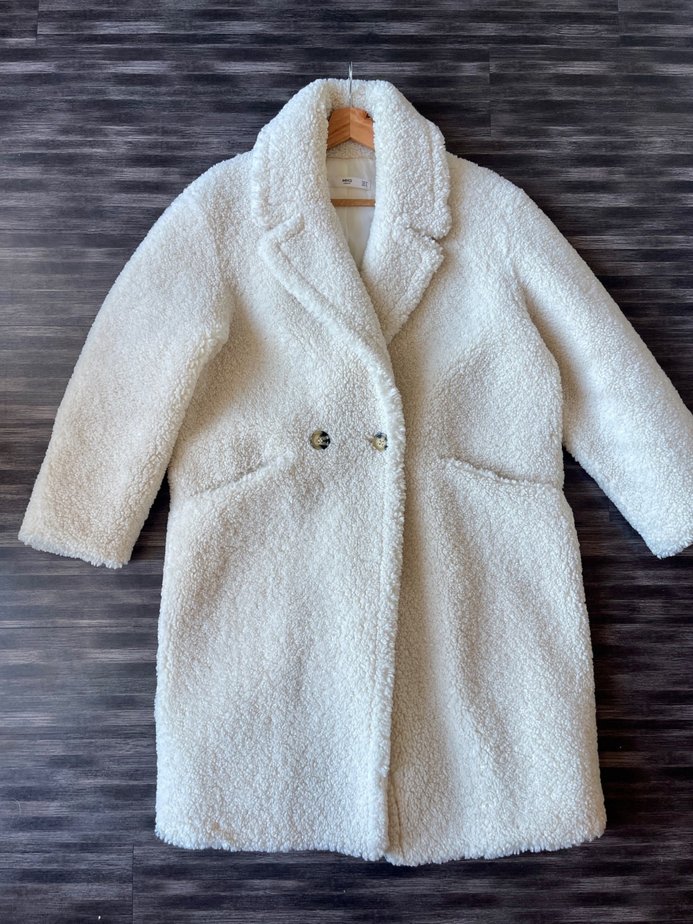 Mango MNG Ivory Teddy Coat Size M, Long Sherpa Bouclé Coat, Cozy Cream overcoat